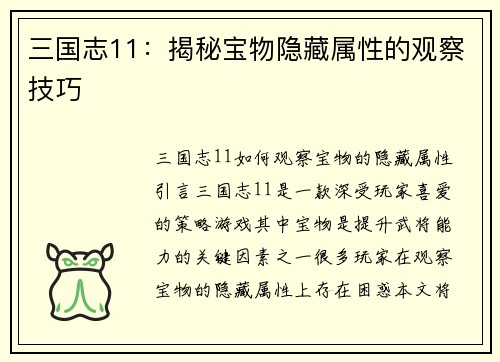 三国志11：揭秘宝物隐藏属性的观察技巧